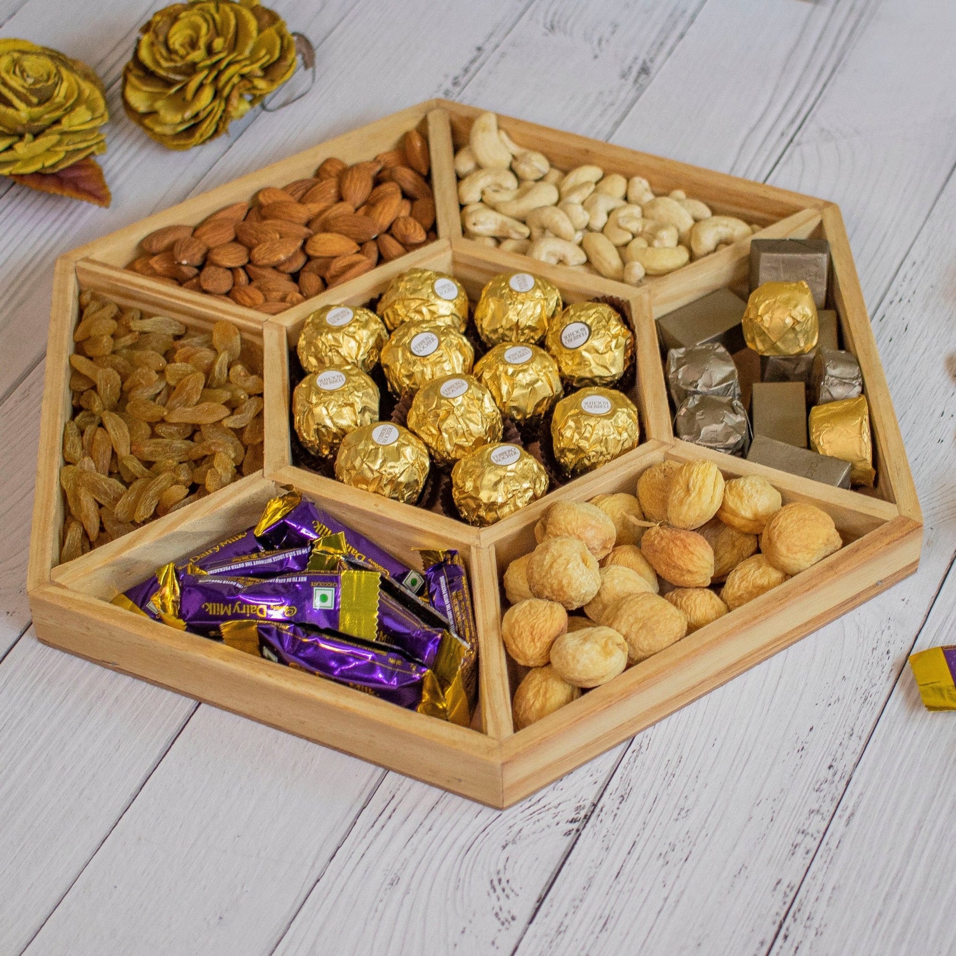 Hexagonal Wooden Tray For Mewa Gifting (7 Partition) - Ebony WoodcraftsMewa & Confectionery Tray