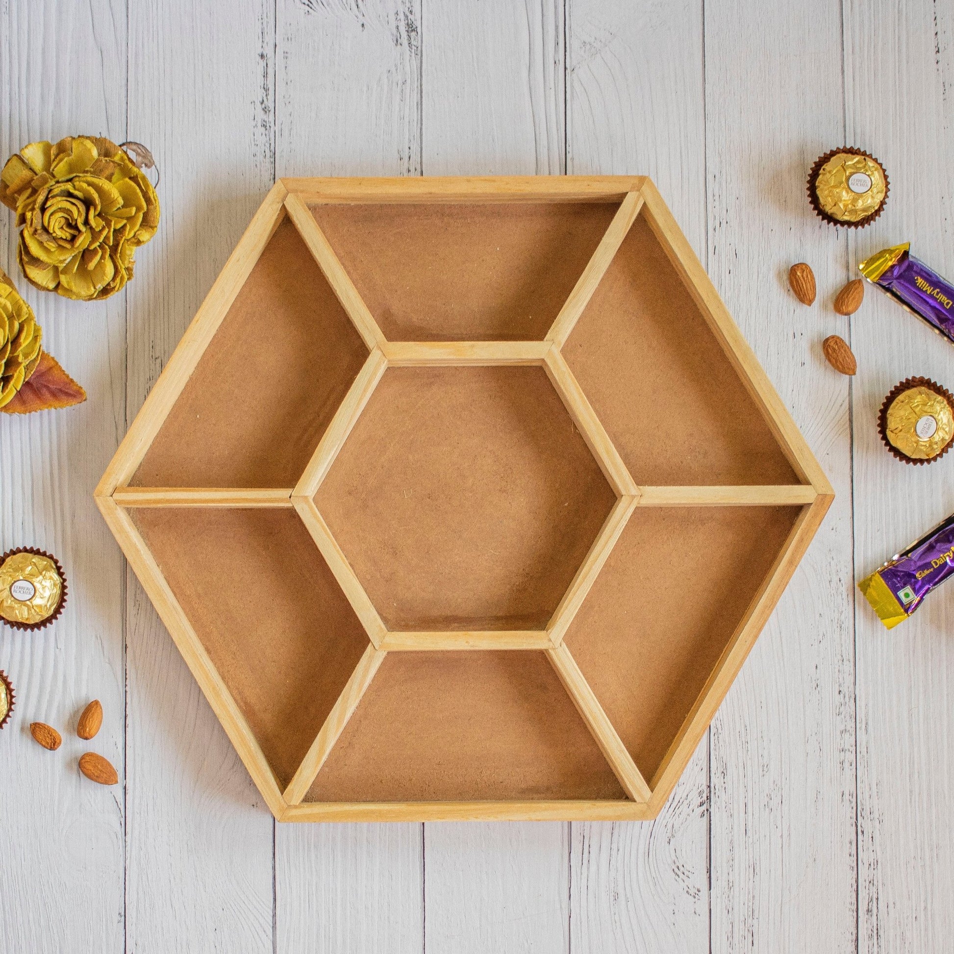 Hexagonal Wooden Tray For Mewa Gifting (7 Partition) - Ebony WoodcraftsMewa & Confectionery Tray