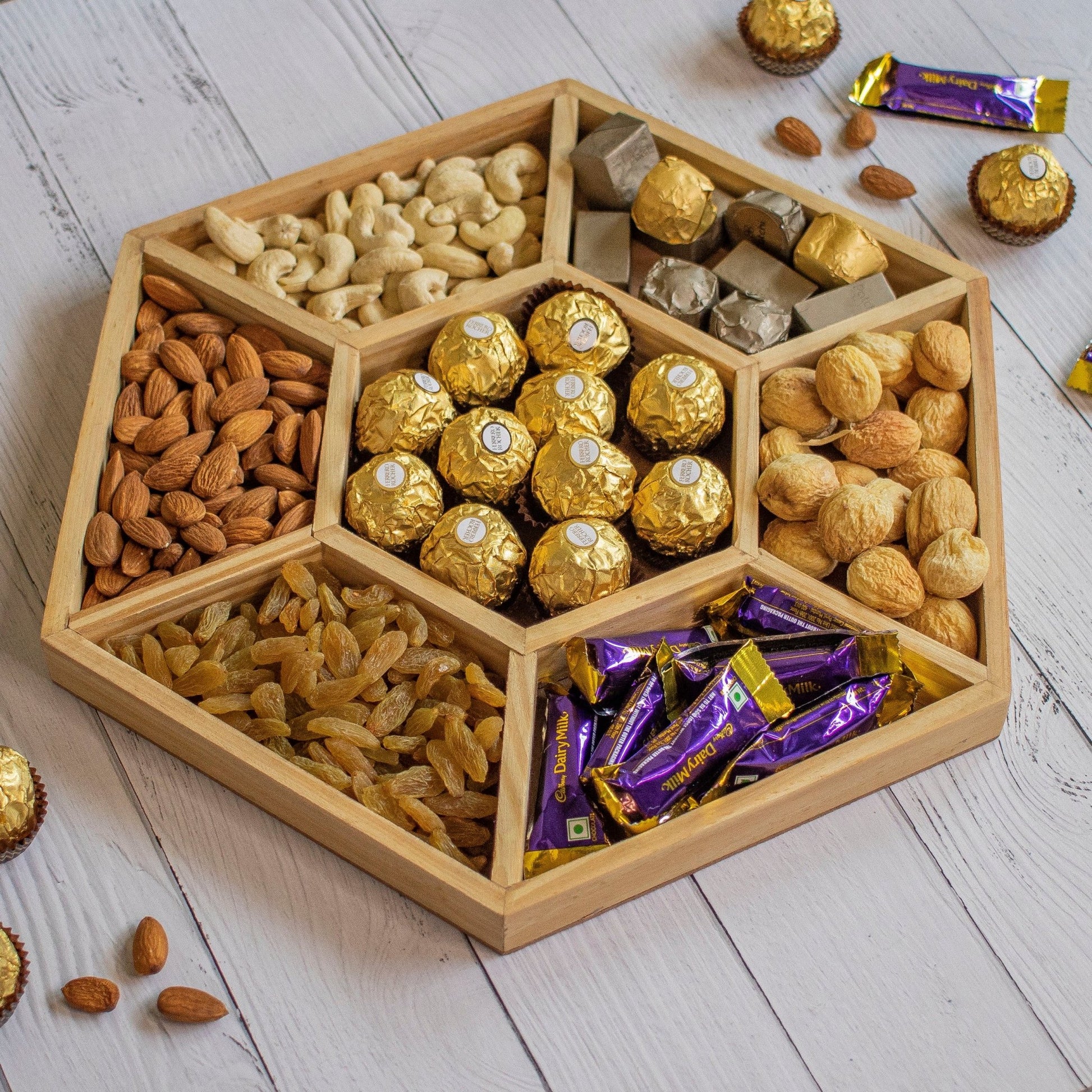 Hexagonal Wooden Tray For Mewa Gifting (7 Partition) - Ebony WoodcraftsMewa & Confectionery Tray