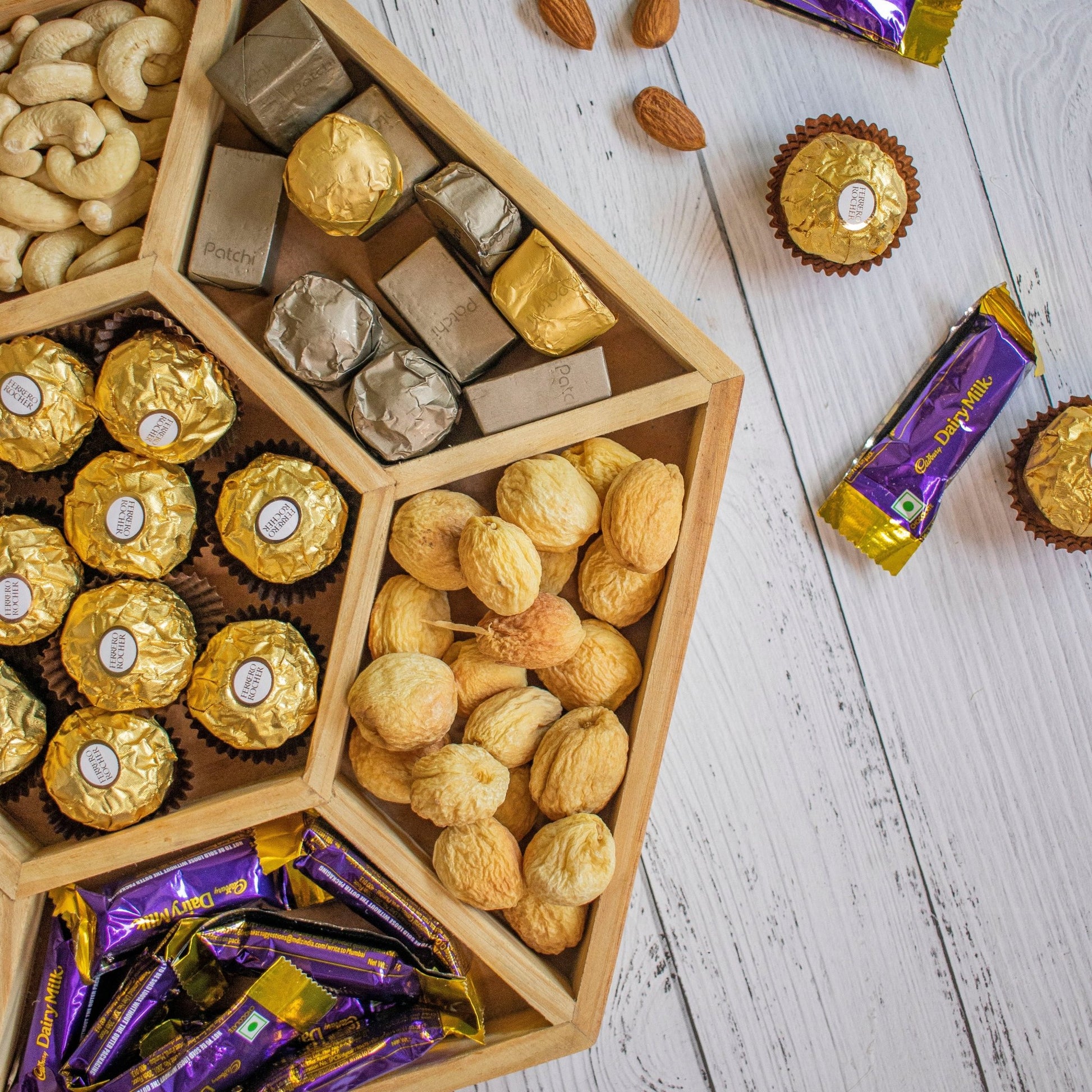 Hexagonal Wooden Tray For Mewa Gifting (7 Partition) - Ebony WoodcraftsMewa & Confectionery Tray