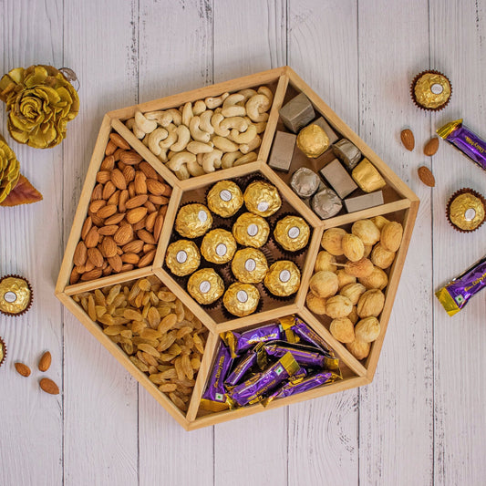 Hexagonal Wooden Tray For Mewa Gifting (7 Partition) - Ebony WoodcraftsMewa & Confectionery Tray