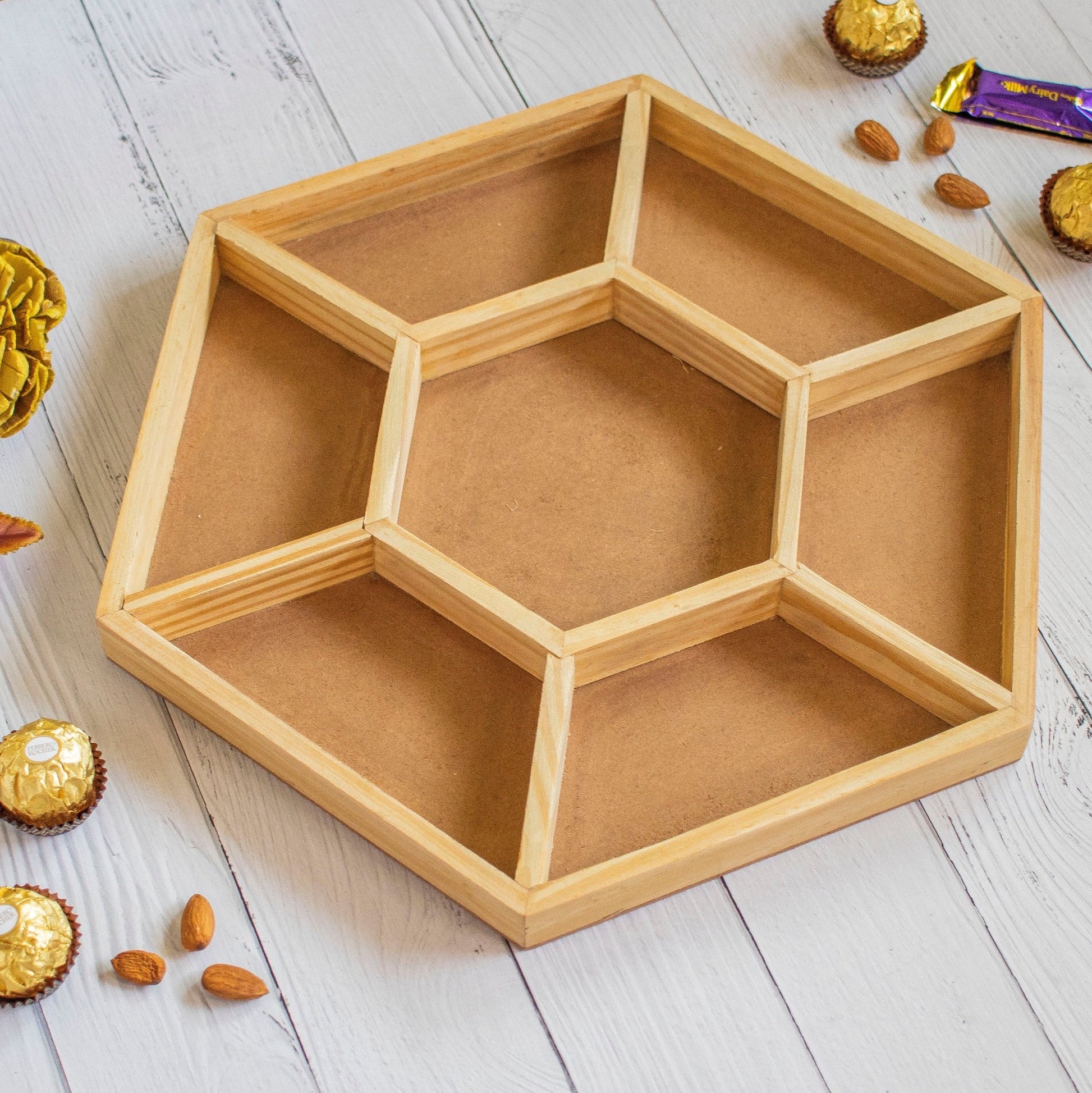 Hexagonal Wooden Tray For Mewa Gifting (7 Partition) - Ebony WoodcraftsMewa & Confectionery Tray