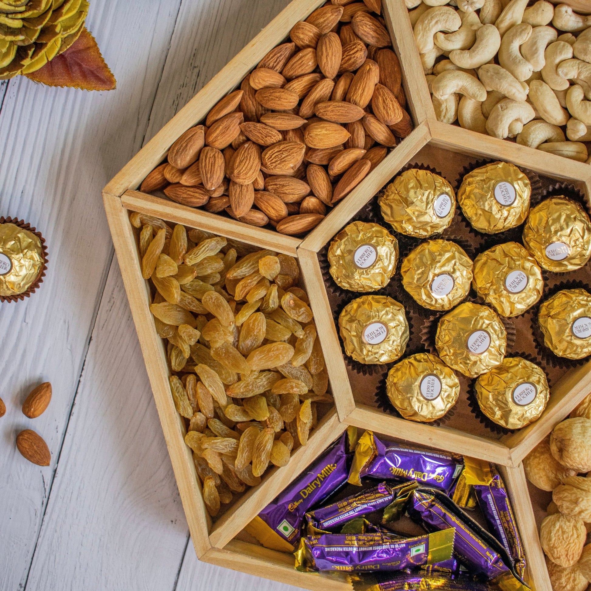 Hexagonal Wooden Tray For Mewa Gifting (7 Partition) - Ebony WoodcraftsMewa & Confectionery Tray