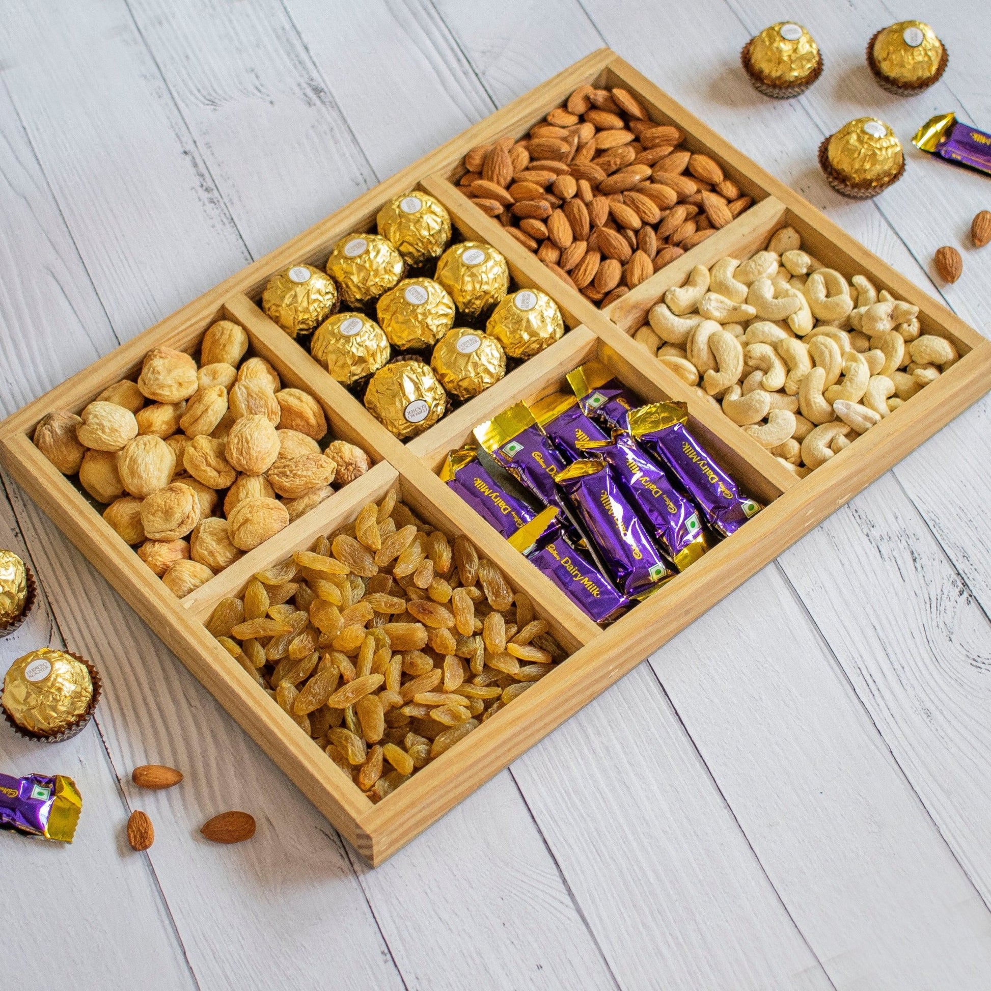 Wooden Tray For Mewa Gifting (6 Partition) 16X10X1 - Ebony WoodcraftsMewa & Confectionery Tray