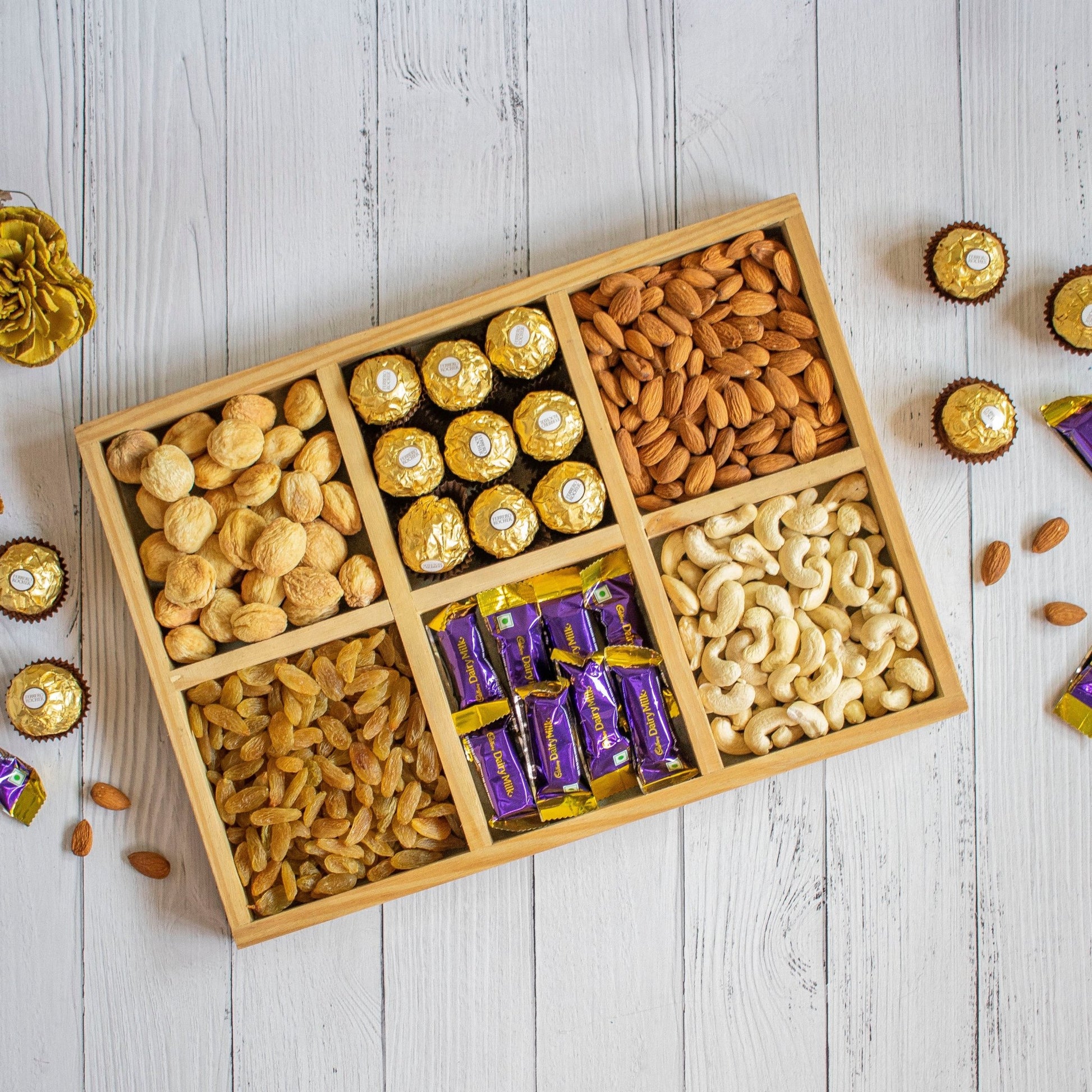 Wooden Tray For Mewa Gifting (6 Partition) 16X10X1 - Ebony WoodcraftsMewa & Confectionery Tray