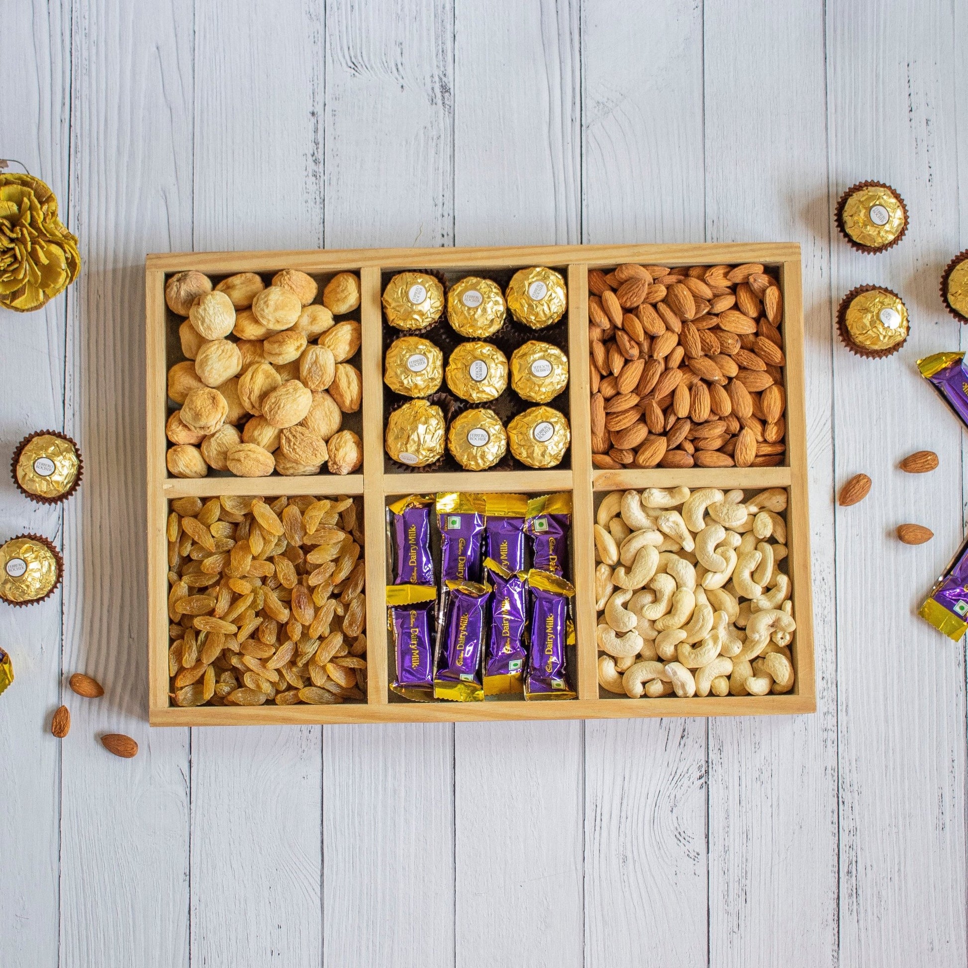 Wooden Tray For Mewa Gifting (6 Partition) 16X10X1 - Ebony WoodcraftsMewa & Confectionery Tray