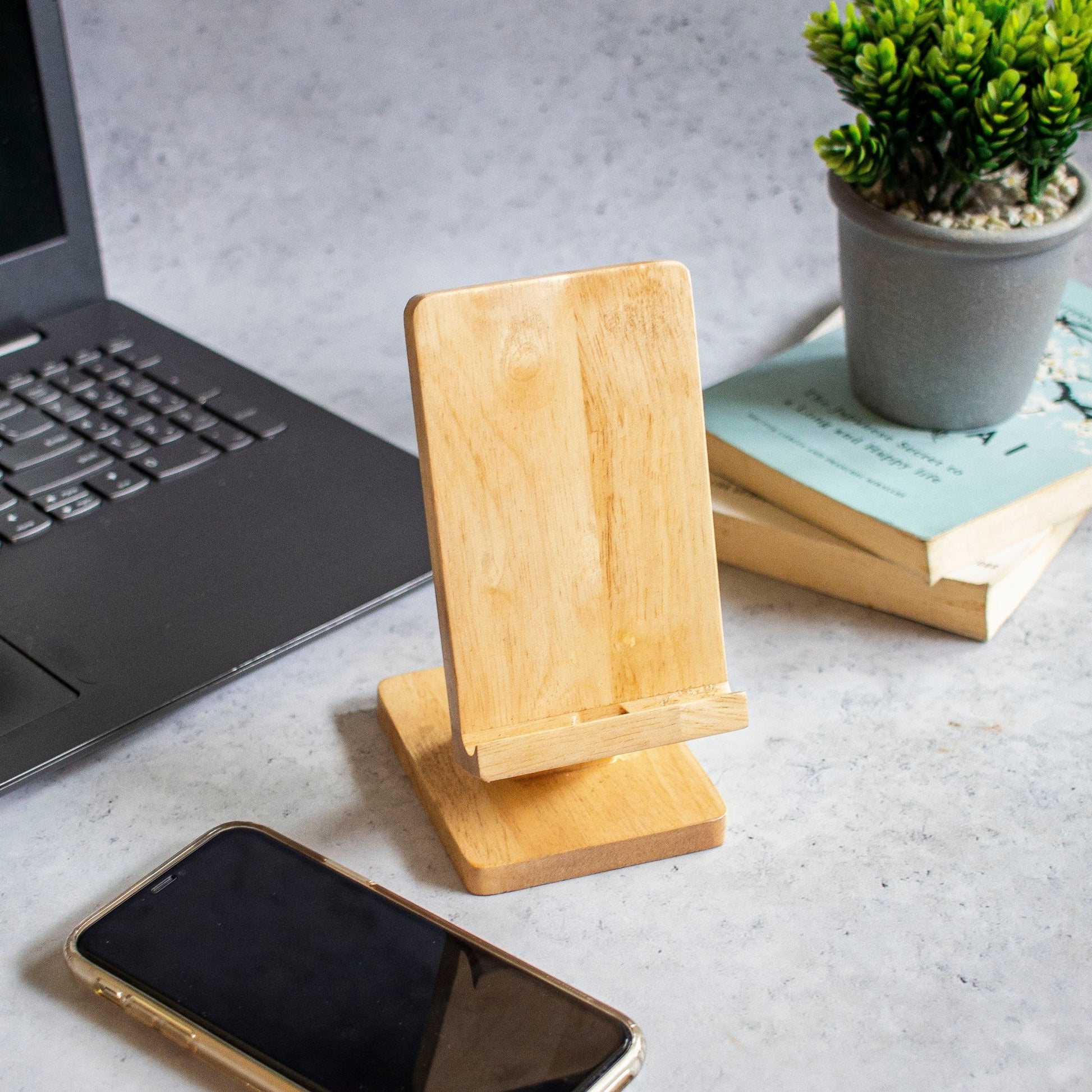 Wooden Mobile Phone Holder with Charging Port Access