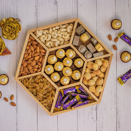 Hexagonal Wooden Tray For Mewa Gifting (7 Partition) Ebony