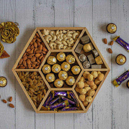 Hexagonal Wooden Tray For Mewa Gifting (7 Partition) - Ebony WoodcraftsMewa & Confectionery Tray